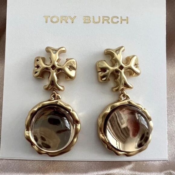 NWOT Tory Burch Gold Logo Roxanne Round Champagne Topaz Stud Earrings - Picture 1 of 7